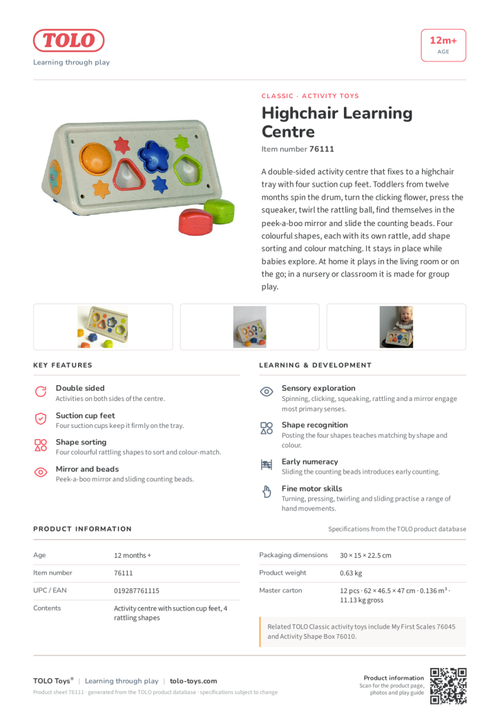 Product sheet · Highchair Learning Centre